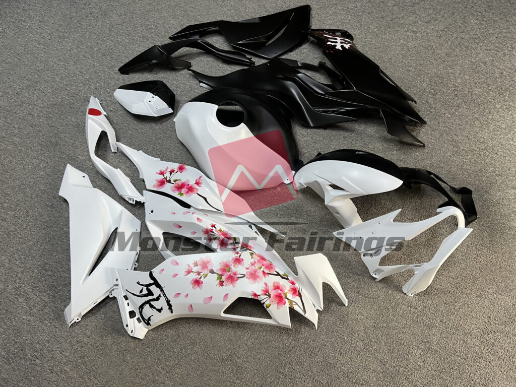 2019 - 2023 Kawasaki ZX6R Matte Black & White Cherry Blossom Split fairing set - ABS injection, custom painted by Monster Fairings
