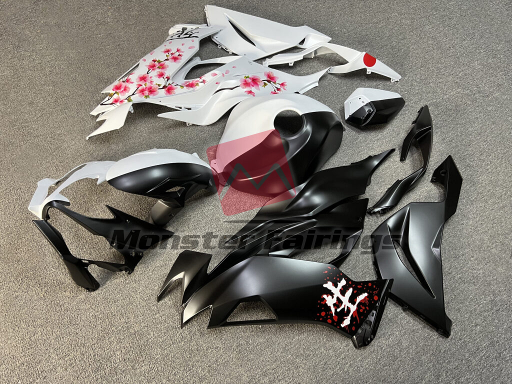 Matte Black & White Cherry Blossom Split ABS fairings for Kawasaki ZX6R 2019 - 2023 - premium OEM fit kit by Monster Fairings