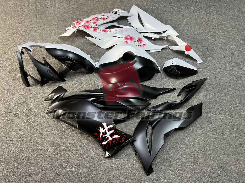 Kawasaki ZX6R custom ABS fairings 2019 - 2023 in Matte Black & White Cherry Blossom Split - durable replacement kit, Monster Fairings
