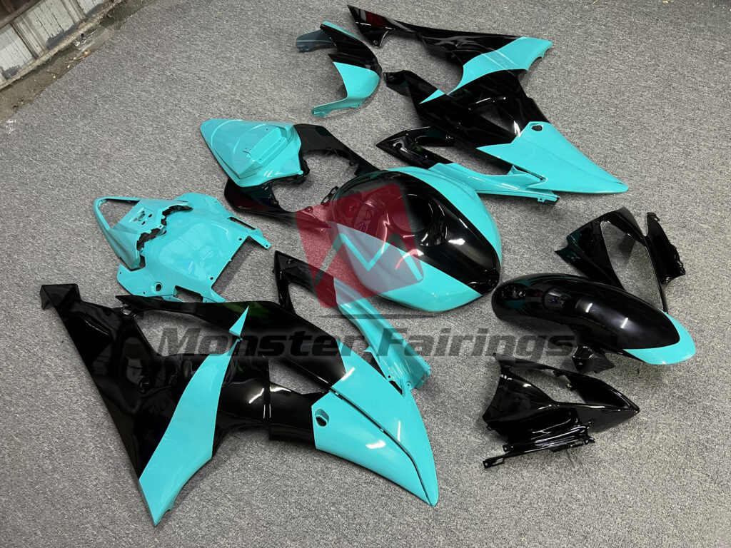 Yamaha R6 custom ABS fairings 2008 - 2016 in Gloss Aqua and Black - durable replacement kit, Monster Fairings