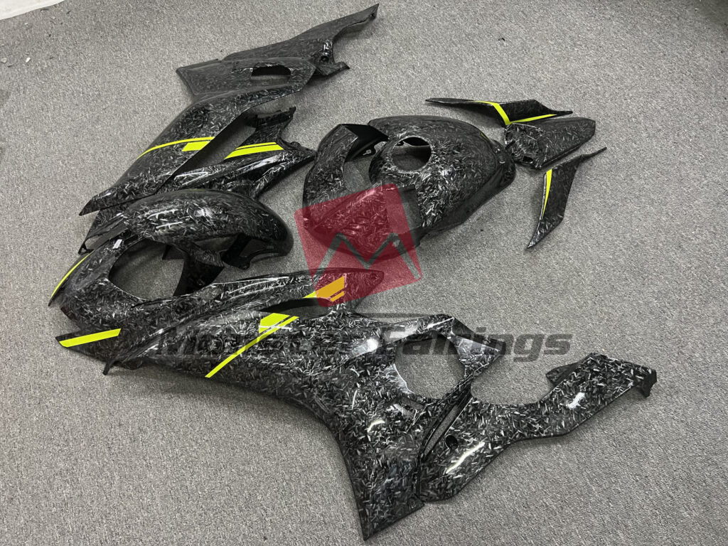 Forged Carbon Fiber Style Yellow Trim ABS fairings for Yamaha R6 2017 - 2022 - premium OEM fit kit by Monster Fairings