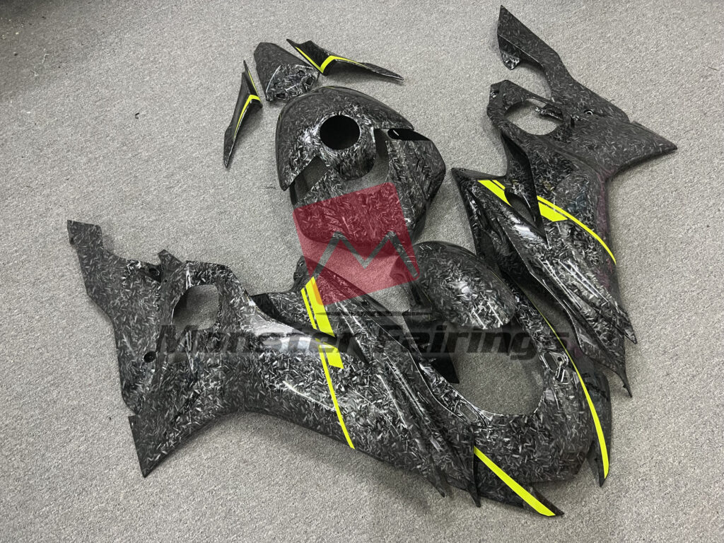 Yamaha R6 custom ABS fairings 2017 - 2022 in Forged Carbon Fiber Style Yellow Trim - durable replacement kit, Monster Fairings