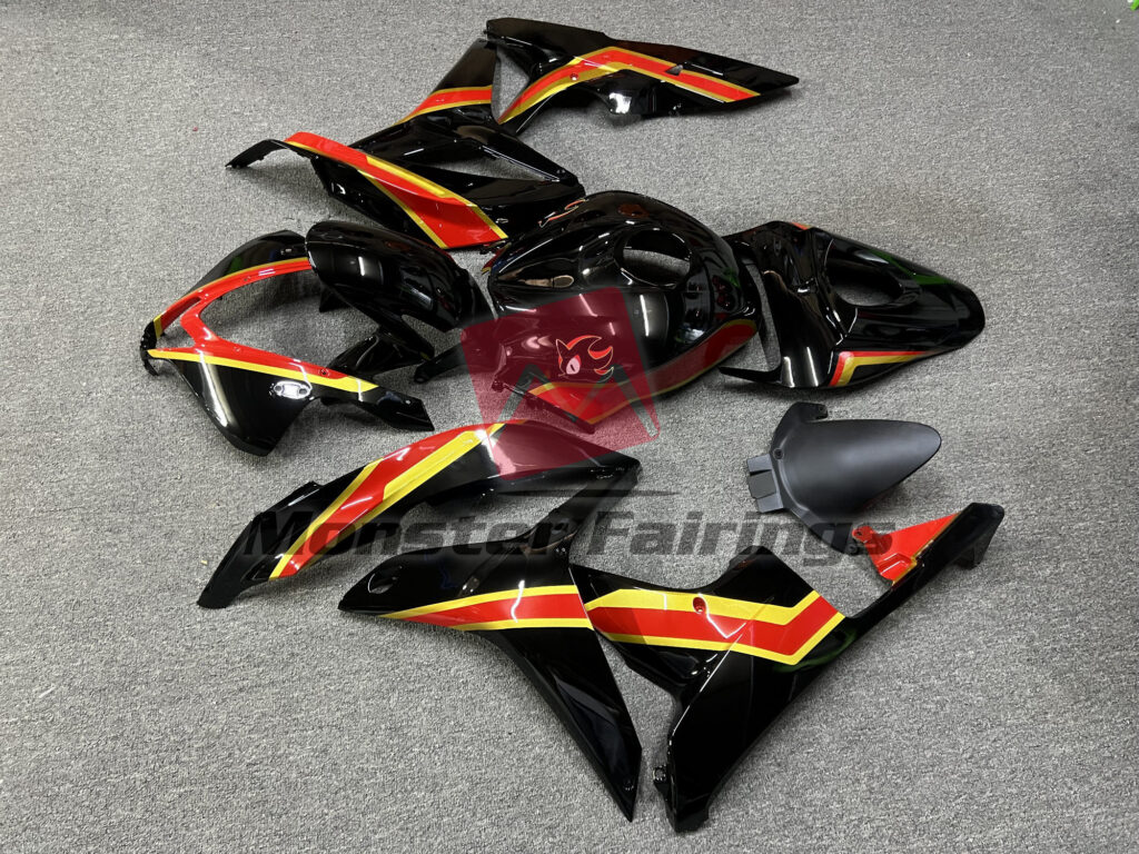 2007 - 2008 Honda CBR600RR Gloss Black Red Gold Trim fairing set - ABS injection, custom painted by Monster Fairings