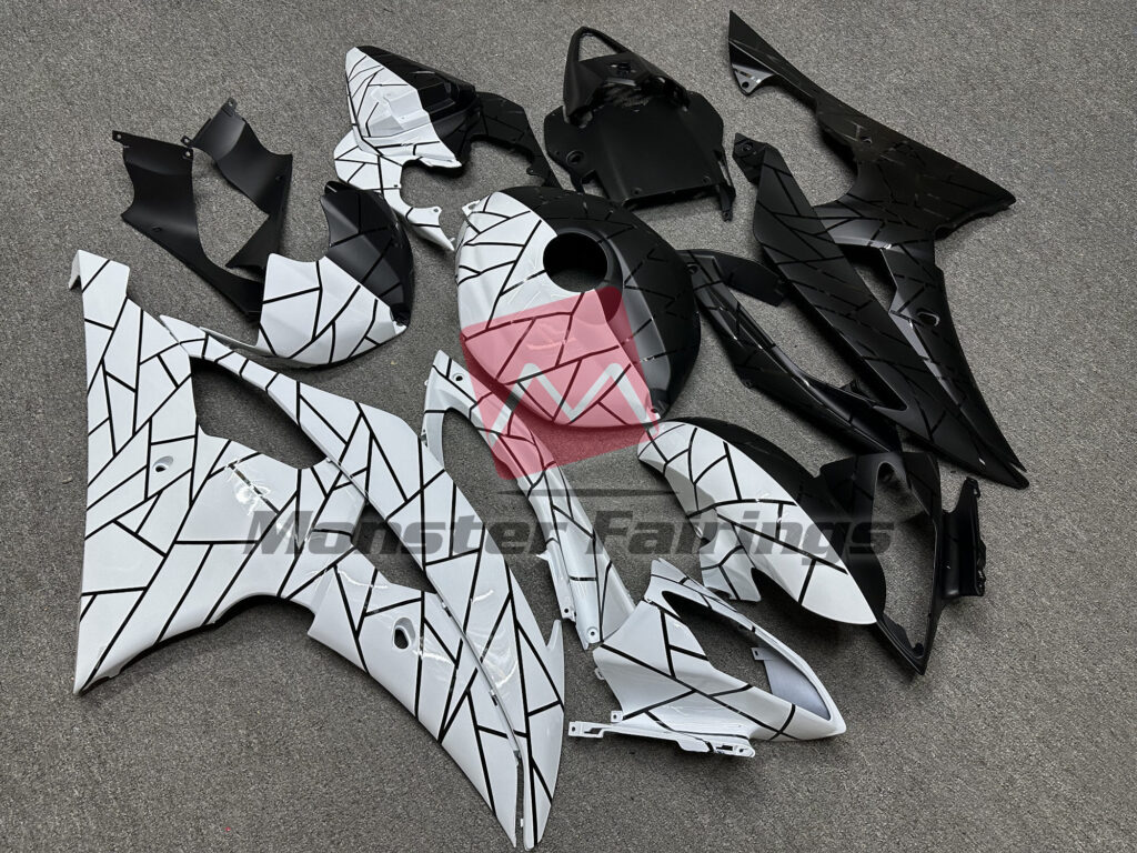 Yamaha R6 custom ABS fairings 2008 - 2016 in Matte Black & Gloss White Pattern Split - durable replacement kit, Monster Fairings