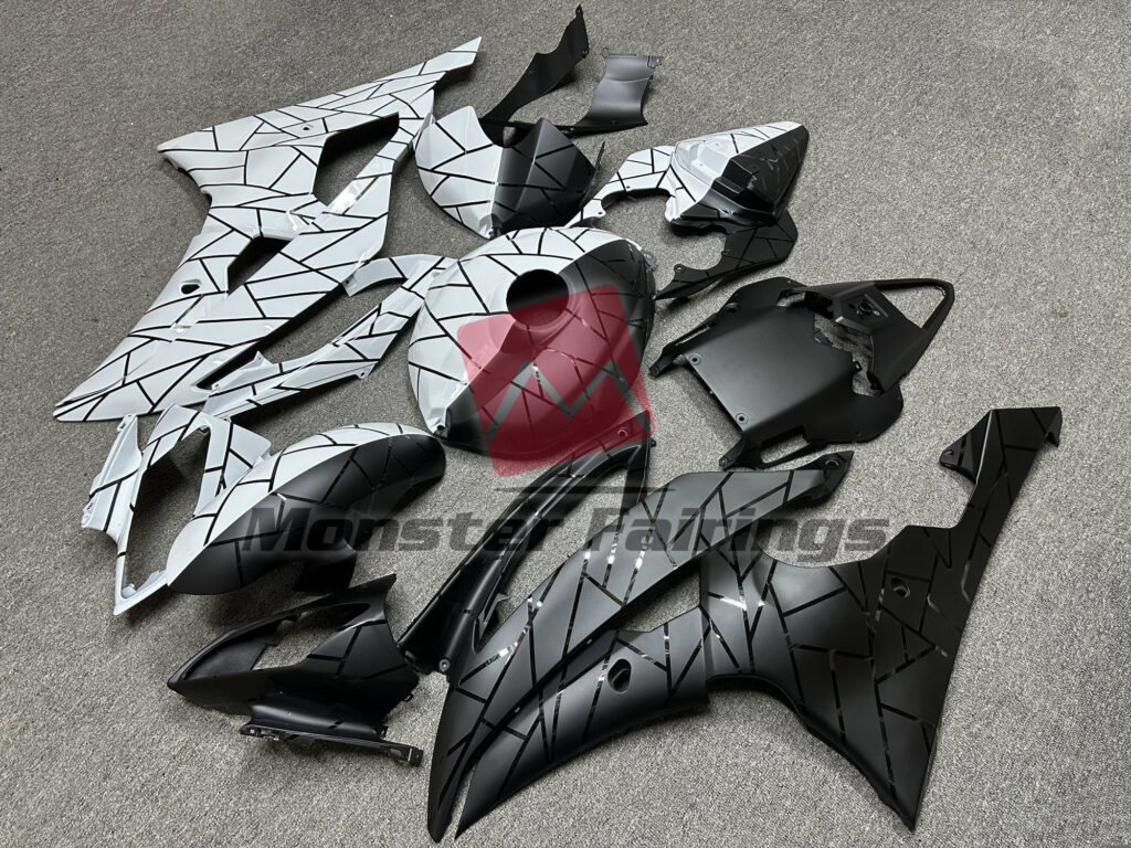 Matte Black & Gloss White Pattern Split ABS fairings for Yamaha R6 2008 - 2016 - premium OEM fit kit by Monster Fairings