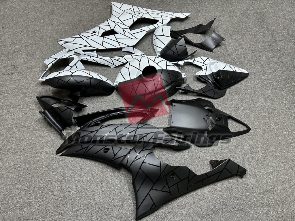 2008 - 2016 Yamaha R6 Matte Black & Gloss White Pattern Split fairing set - ABS injection, custom painted by Monster Fairings