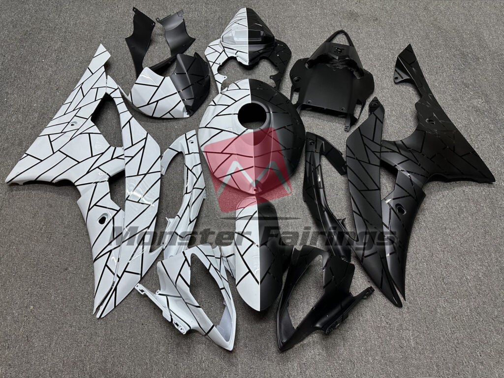Yamaha R6 2008 - 2016 Matte Black & Gloss White Pattern Split ABS fairings - custom motorcycle bodywork kit by Monster Fairings