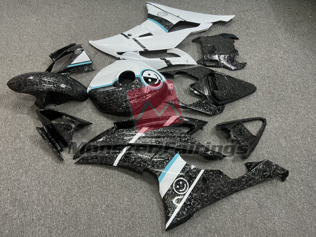 2008 - 2016 Yamaha R6 Forged Carbon Fiber Style Glossy White Split fairing set - ABS injection, custom painted by Monster Fairings