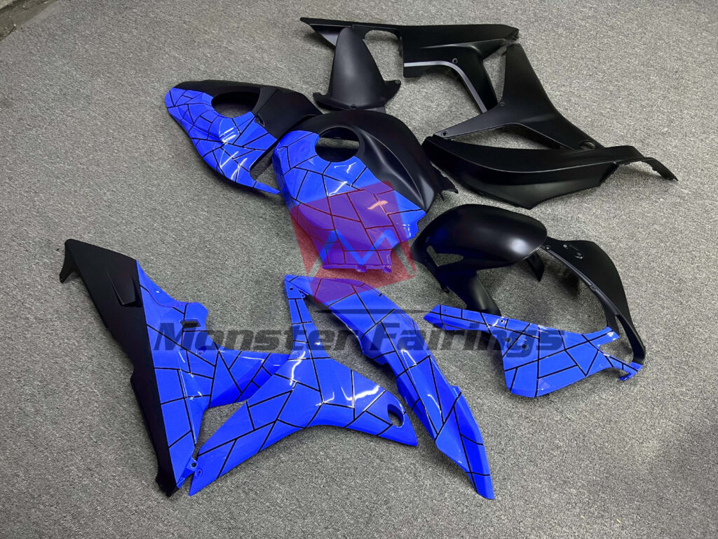 Honda CBR600RR custom ABS fairings 2007 - 2008 in Gloss Blue & Matte Black Pattern Split - durable replacement kit, Monster Fairings
