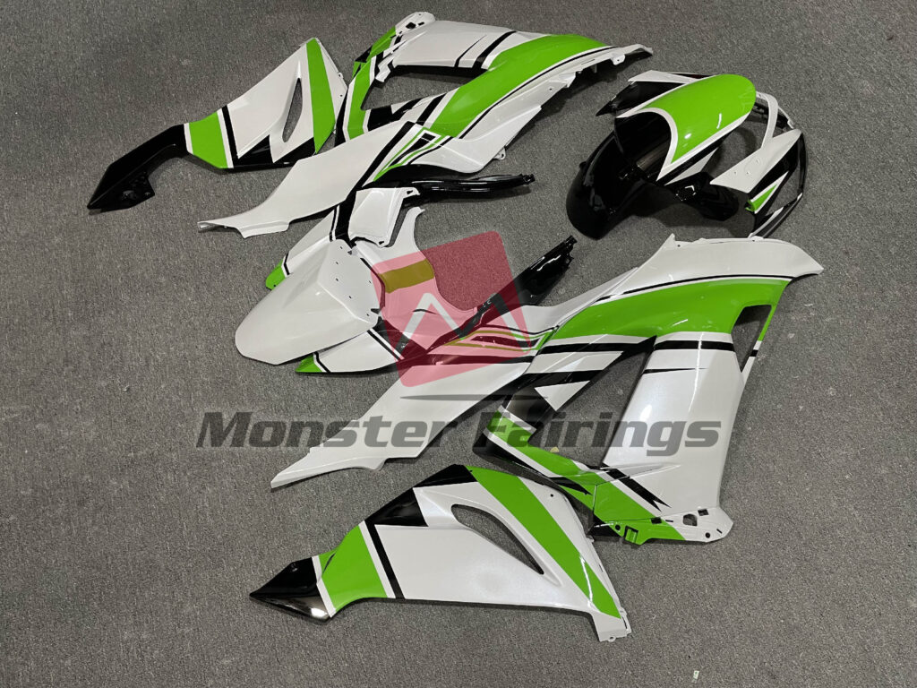2013 - 2018 Kawasaki ZX6R Pearl White Green fairing set - ABS injection, custom painted by Monster Fairings