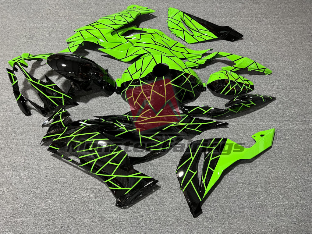 2019 - 2023 Kawasaki ZX6R Gloss Black & Green Split fairing set - ABS injection, custom painted by Monster Fairings