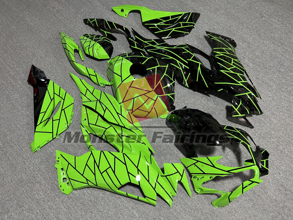 Kawasaki ZX6R custom ABS fairings 2019 - 2023 in Gloss Black & Green Split - durable replacement kit, Monster Fairings