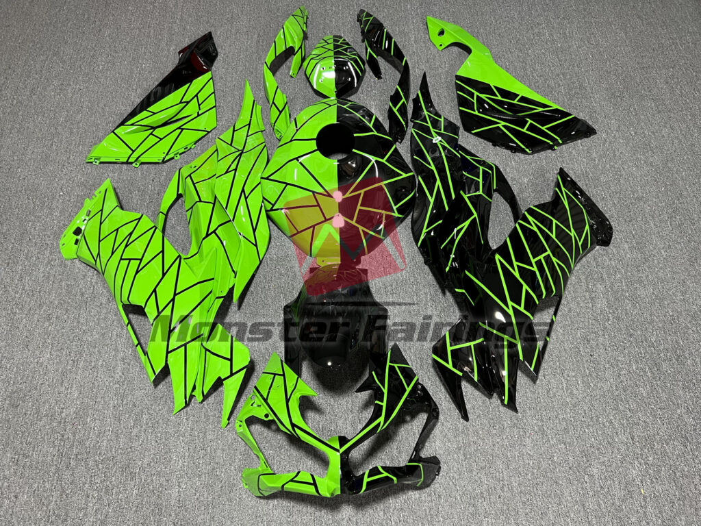 Kawasaki ZX6R 2019 - 2023 Gloss Black & Green Split ABS fairings - custom motorcycle bodywork kit by Monster Fairings