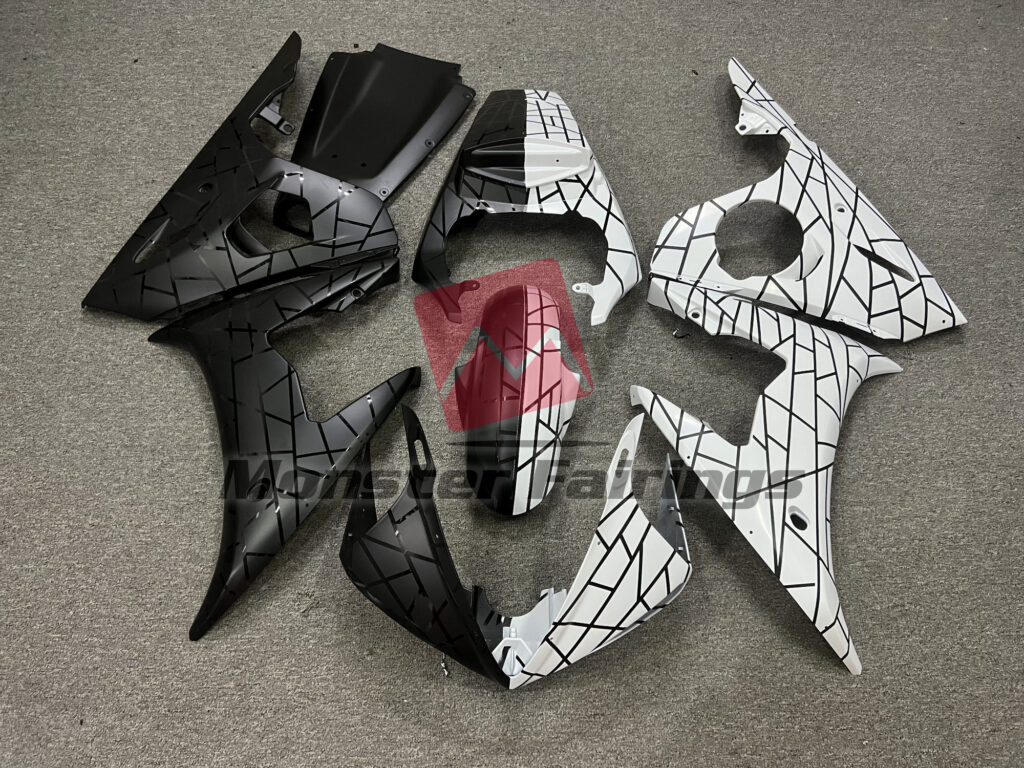 Yamaha R6 2003 - 2004 Matte Black & Gloss White Split Line Pattern ABS fairings - custom motorcycle bodywork kit by Monster Fairings