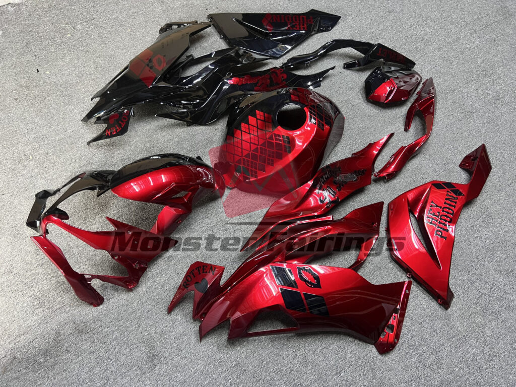 2019 - 2023 Kawasaki ZX6R Gloss Black Red Split fairing set - ABS injection, custom painted by Monster Fairings