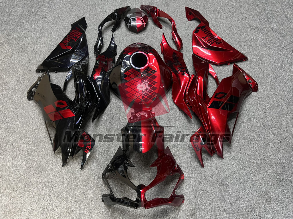 Kawasaki ZX6R 2019 - 2023 Gloss Black Red Split ABS fairings - custom motorcycle bodywork kit by Monster Fairings