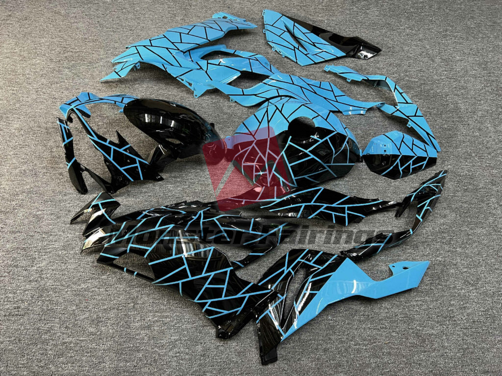 2019 - 2023 Kawasaki ZX6R Gloss Black & High Vis Aqua Split fairing set - ABS injection, custom painted by Monster Fairings