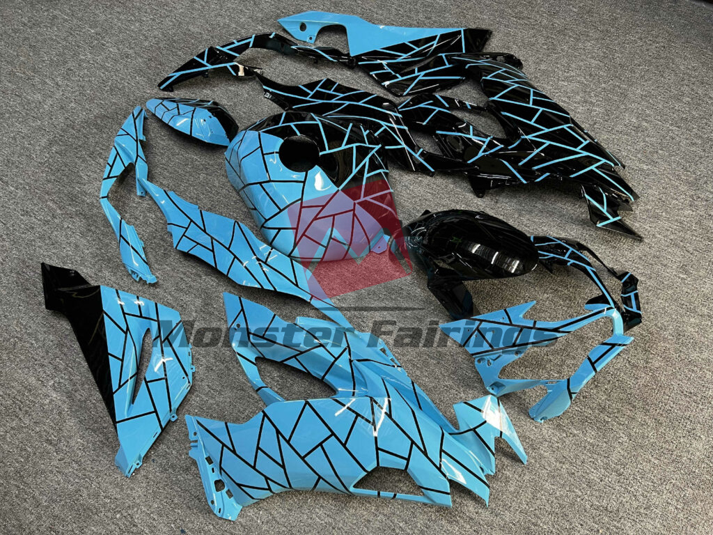 Kawasaki ZX6R custom ABS fairings 2019 - 2023 in Gloss Black & High Vis Aqua Split - durable replacement kit, Monster Fairings