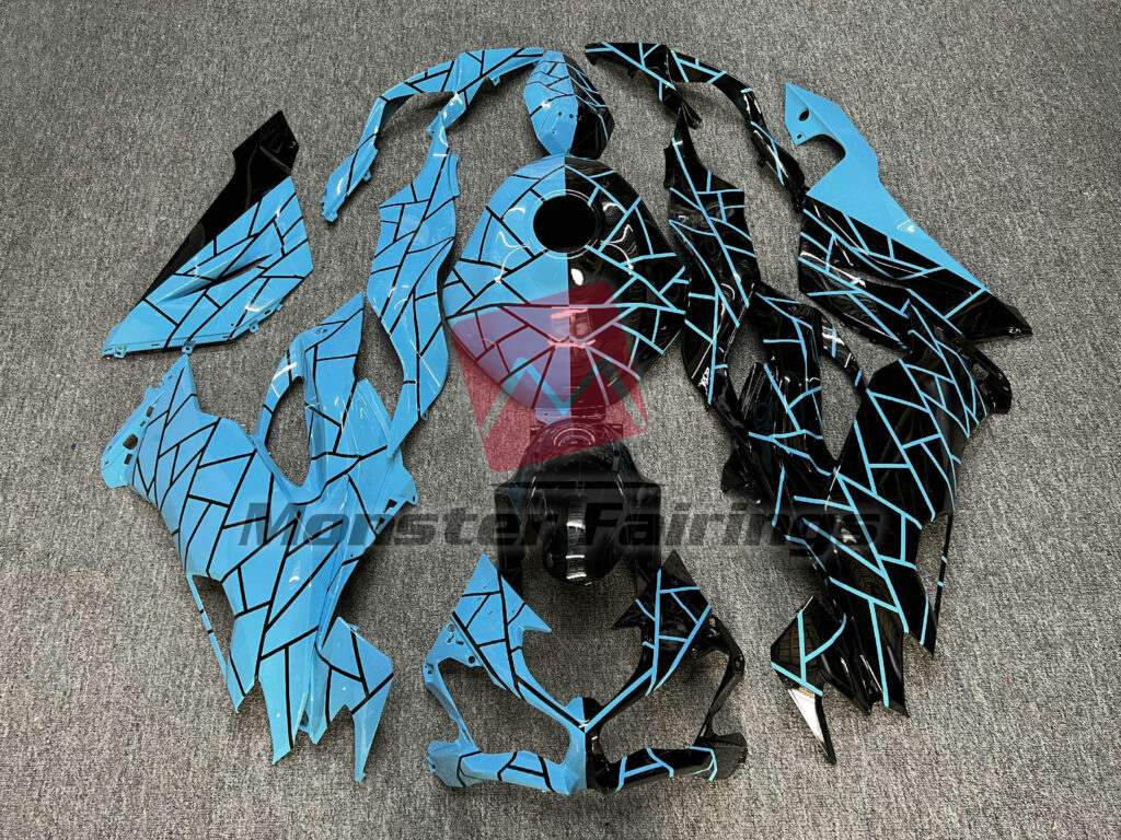Kawasaki ZX6R 2019 - 2023 Gloss Black & High Vis Aqua Split ABS fairings - custom motorcycle bodywork kit by Monster Fairings