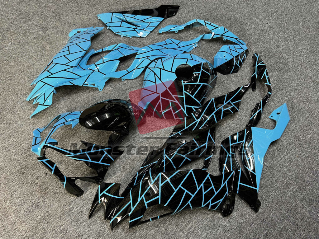 Gloss Black & High Vis Aqua Split ABS fairings for Kawasaki ZX6R 2019 - 2023 - premium OEM fit kit by Monster Fairings