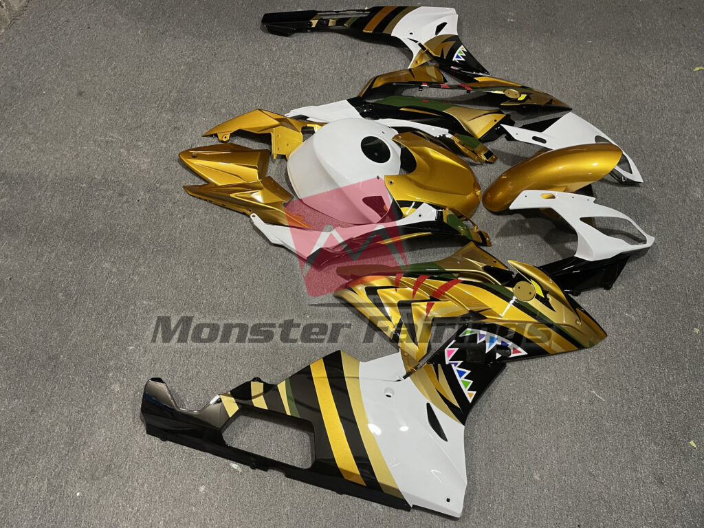 2015 - 2016 BMW S1000RR Gloss Gold & White Shark fairing set - ABS injection, custom painted by Monster Fairings
