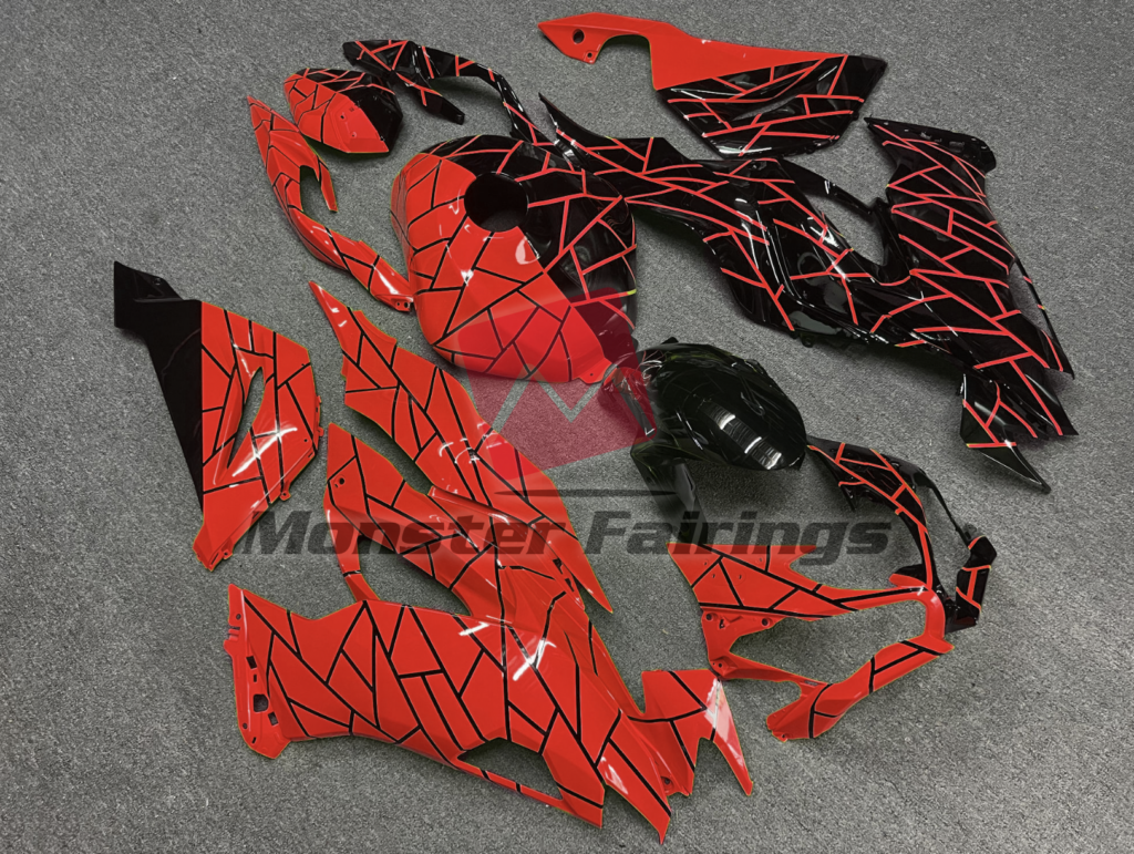Kawasaki ZX6R custom ABS fairings 2019 - 2023 in Gloss Black & High Vis Red Split - durable replacement kit, Monster Fairings