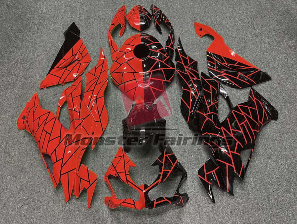 Kawasaki ZX6R 2019 - 2023 Gloss Black & High Vis Red Split ABS fairings - custom motorcycle bodywork kit by Monster Fairings
