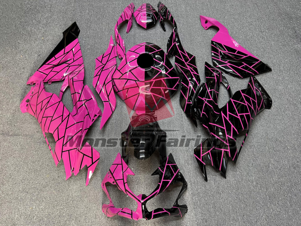 Kawasaki ZX6R 2019 - 2023 Matte Black High Vis Hot Pink Split ABS fairings - custom motorcycle bodywork kit by Monster Fairings