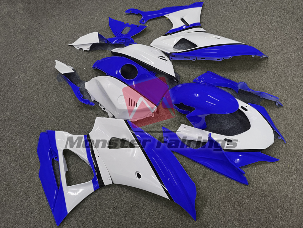 Yamaha R7 custom ABS fairings 2021 - 2025 in Gloss White Blue - durable replacement kit, Monster Fairings
