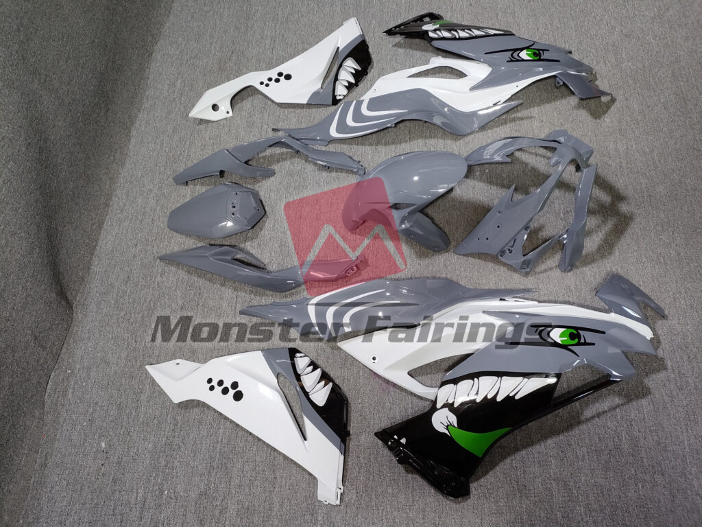 2019 - 2023 Kawasaki ZX6R Gloss White & Gray Shark fairing set - ABS injection, custom painted by Monster Fairings