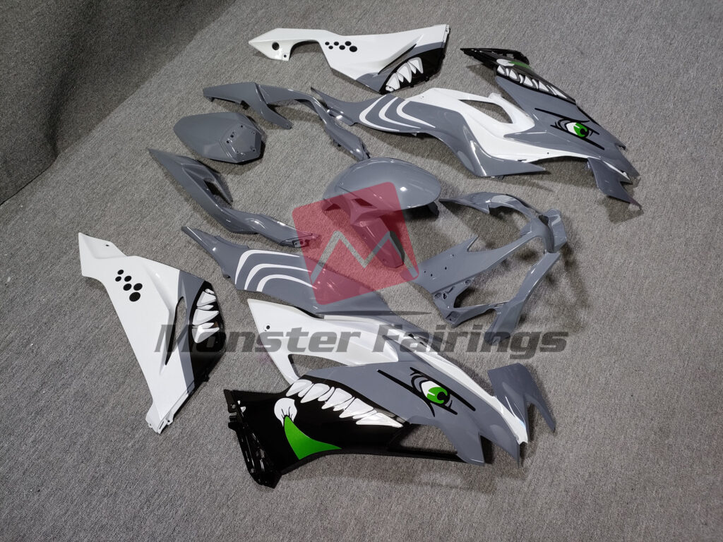 Kawasaki ZX6R custom ABS fairings 2019 - 2023 in Gloss White & Gray Shark - durable replacement kit, Monster Fairings