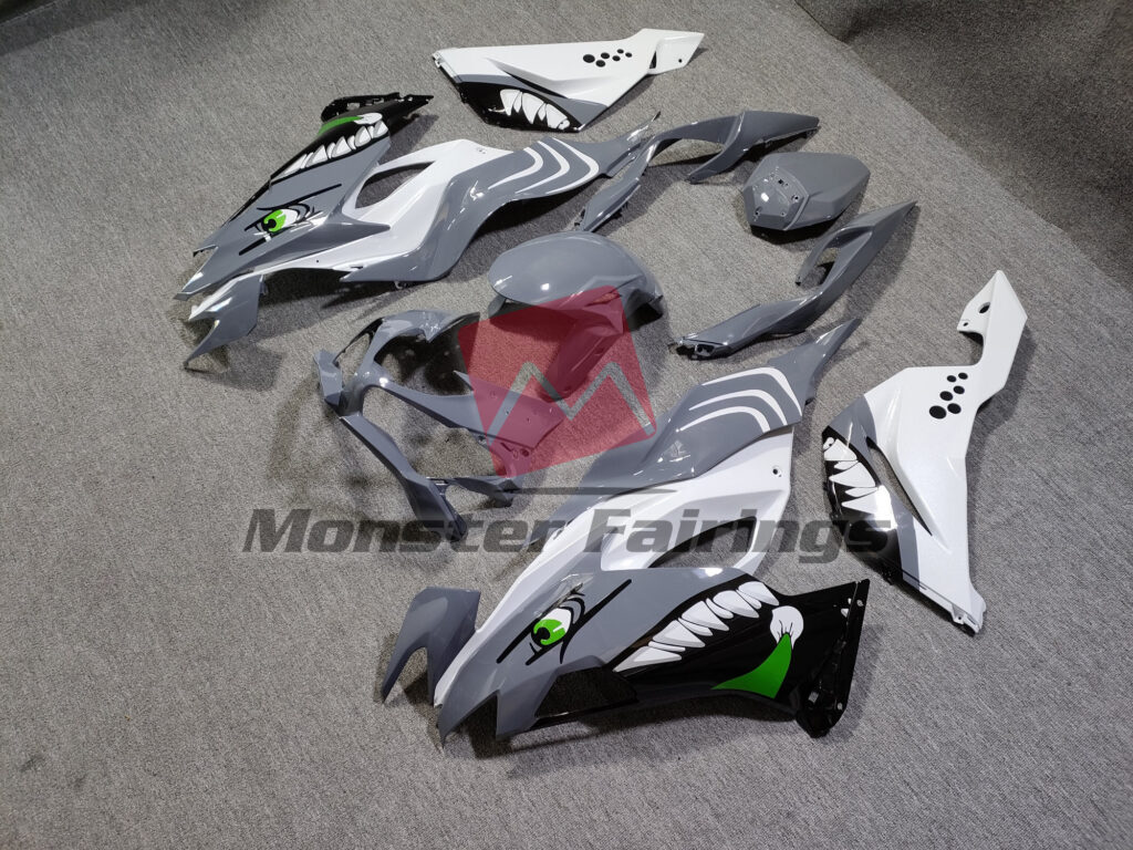 Gloss White & Gray Shark ABS fairings for Kawasaki ZX6R 2019 - 2023 - premium OEM fit kit by Monster Fairings