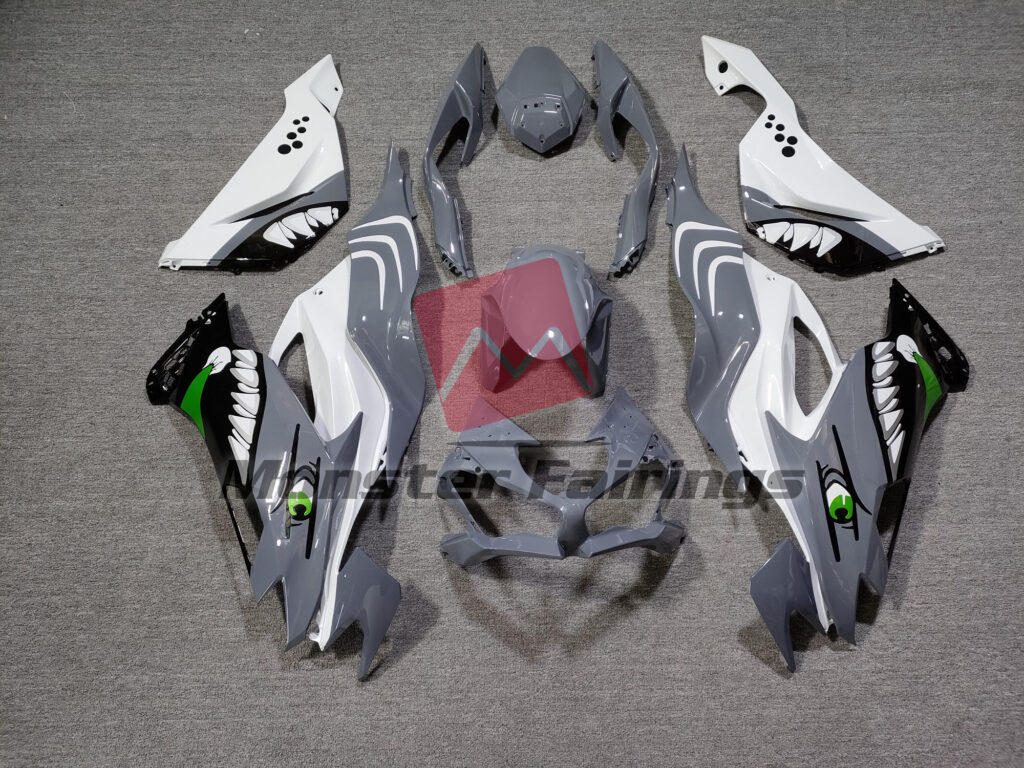Kawasaki ZX6R 2019 - 2023 Gloss White & Gray Shark ABS fairings - custom motorcycle bodywork kit by Monster Fairings
