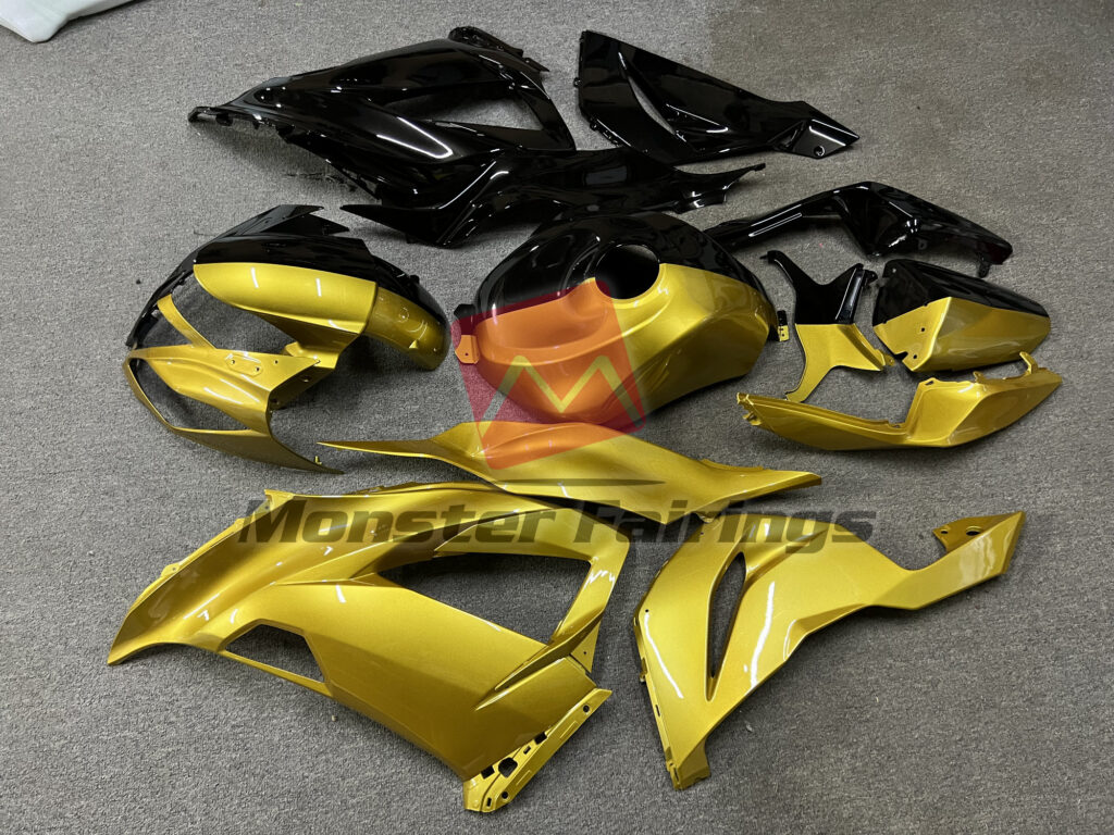 Kawasaki ZX6R custom ABS fairings 2013 - 2018 in Gloss Black Gold - durable replacement kit, Monster Fairings