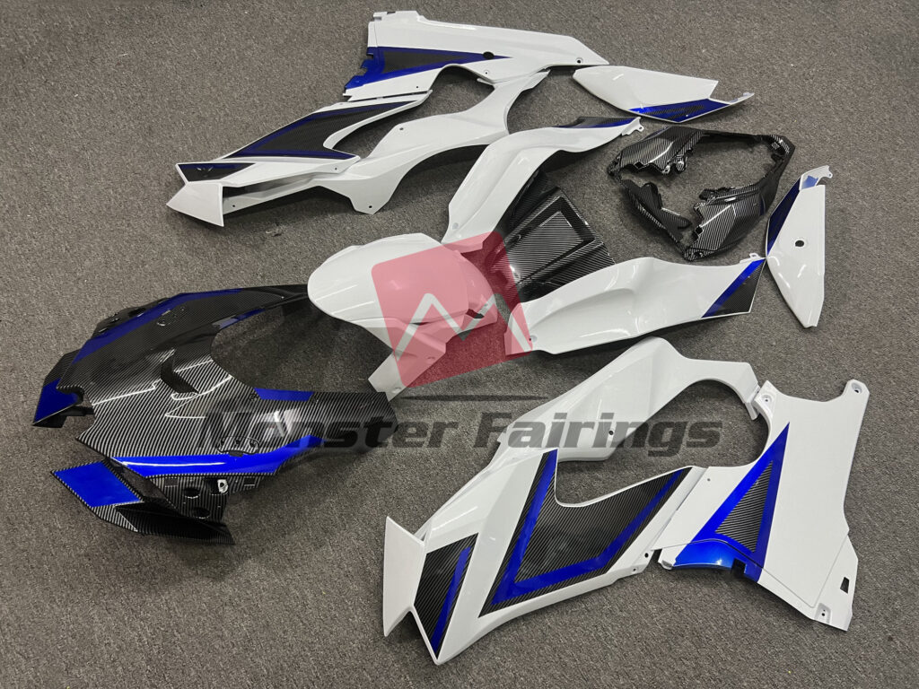 Carbon Fiber Style & White Blue Trim ABS fairings for Kawasaki ZX10R 2021 - 2025 - premium OEM fit kit by Monster Fairings