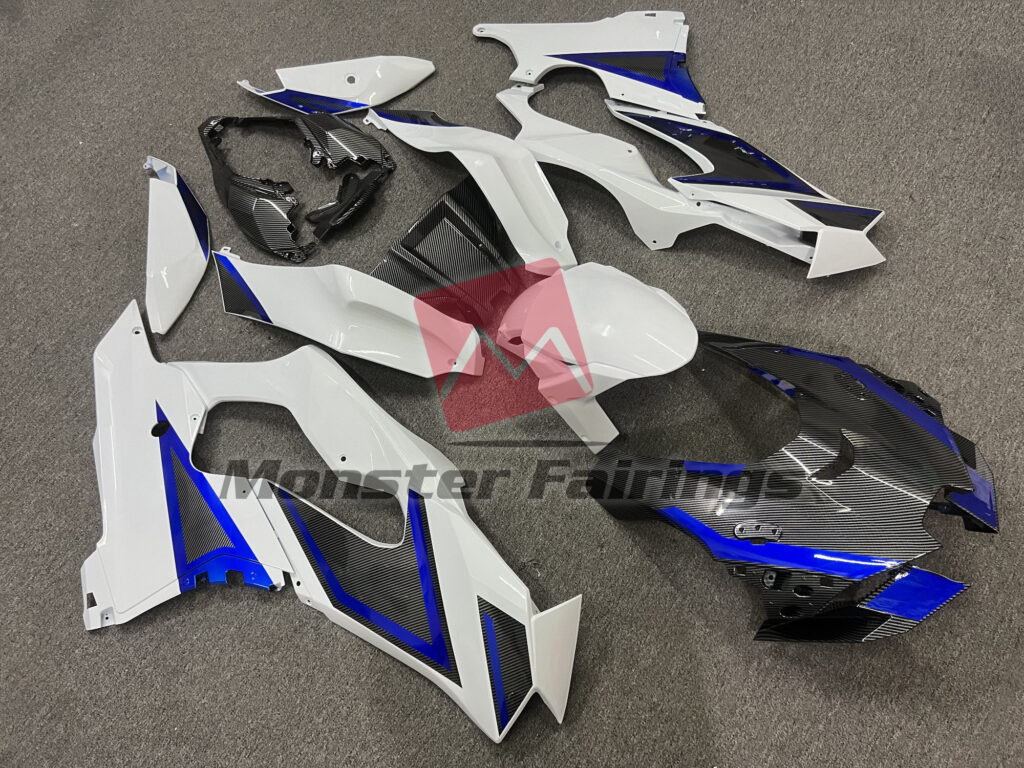Kawasaki ZX10R custom ABS fairings 2021 - 2025 in Carbon Fiber Style & White Blue Trim - durable replacement kit, Monster Fairings