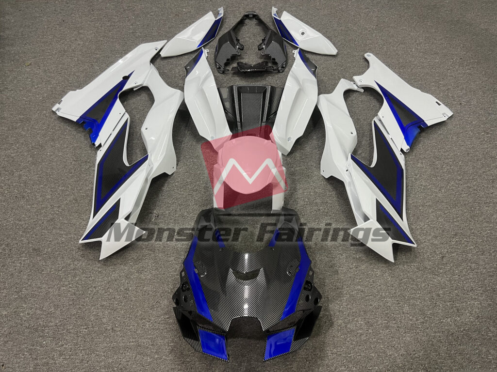 Kawasaki ZX10R 2021 - 2025 Carbon Fiber Style & White Blue Trim ABS fairings - custom motorcycle bodywork kit by Monster Fairings