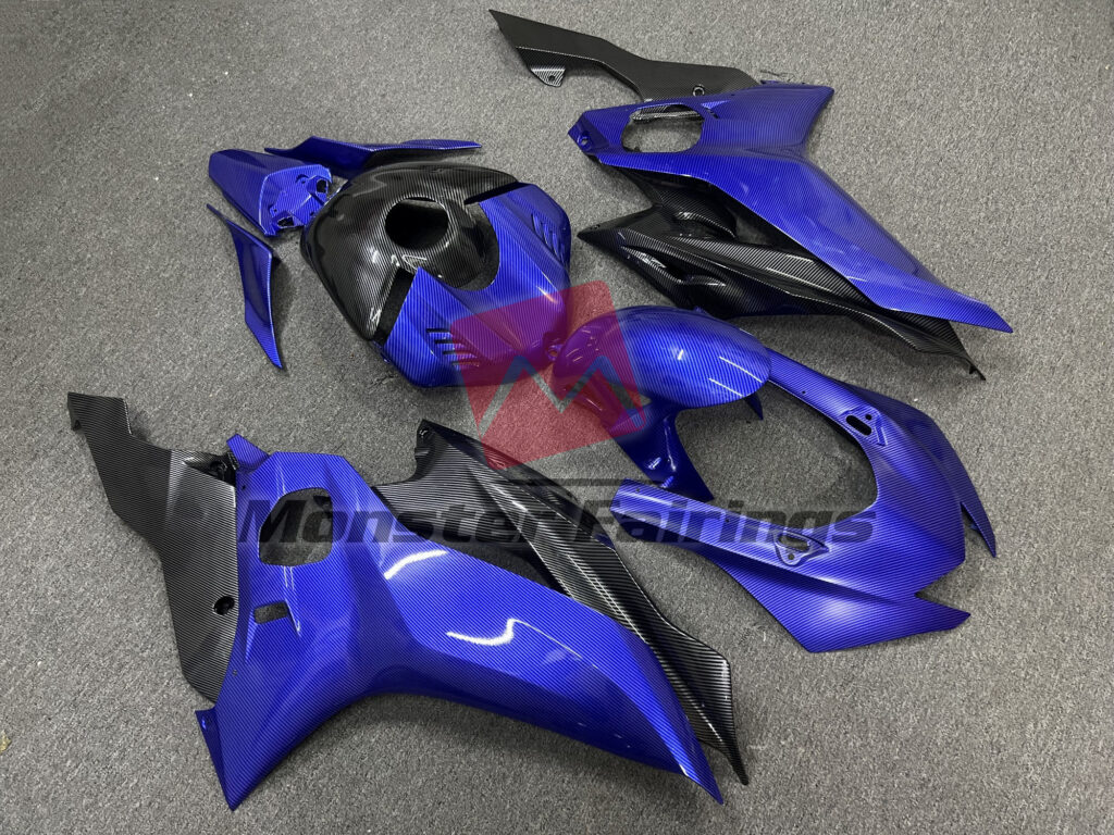 Yamaha R6 custom ABS fairings 2017 - 2022 in Black and Blue Carbon Fiber Style - durable replacement kit, Monster Fairings