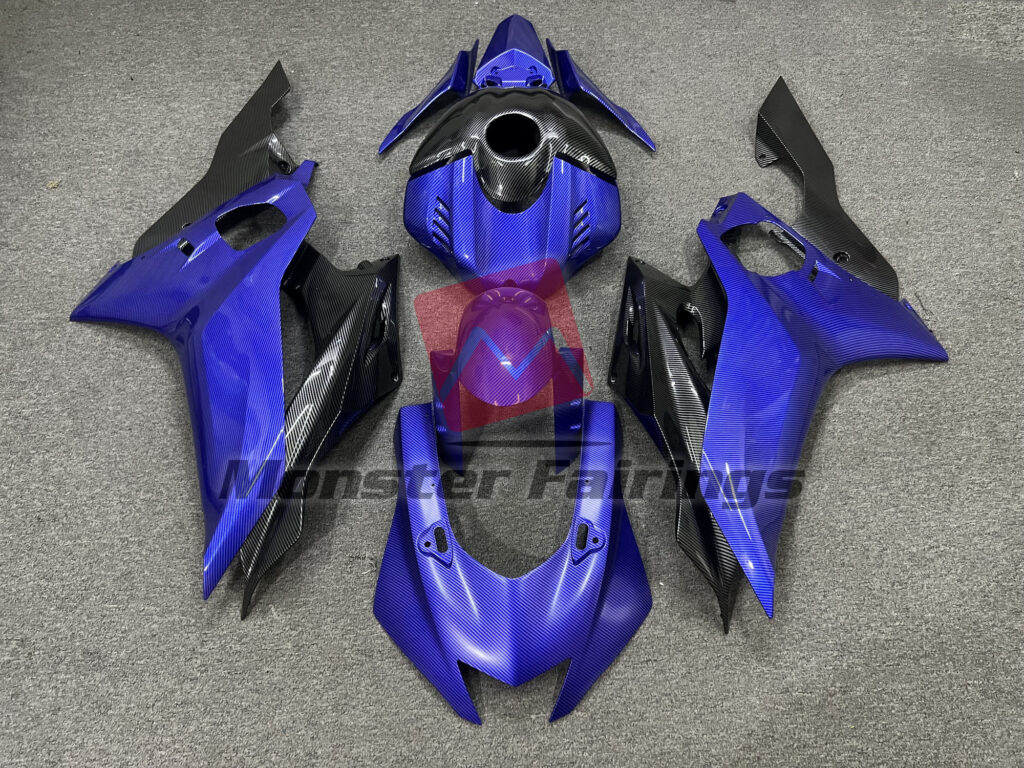 Yamaha R6 2017 - 2022 Black and Blue Carbon Fiber Style ABS fairings - custom motorcycle bodywork kit by Monster Fairings