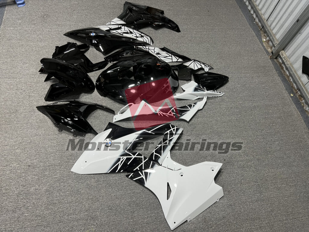 2017 - 2018 BMW S1000RR Gloss Black & and White Pattern Split fairing set - ABS injection, custom painted by Monster Fairings