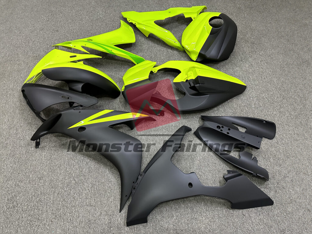 2004 - 2006 Yamaha R1 Matte Black and Fluorescent Green fairing set - ABS injection, custom painted by Monster Fairings