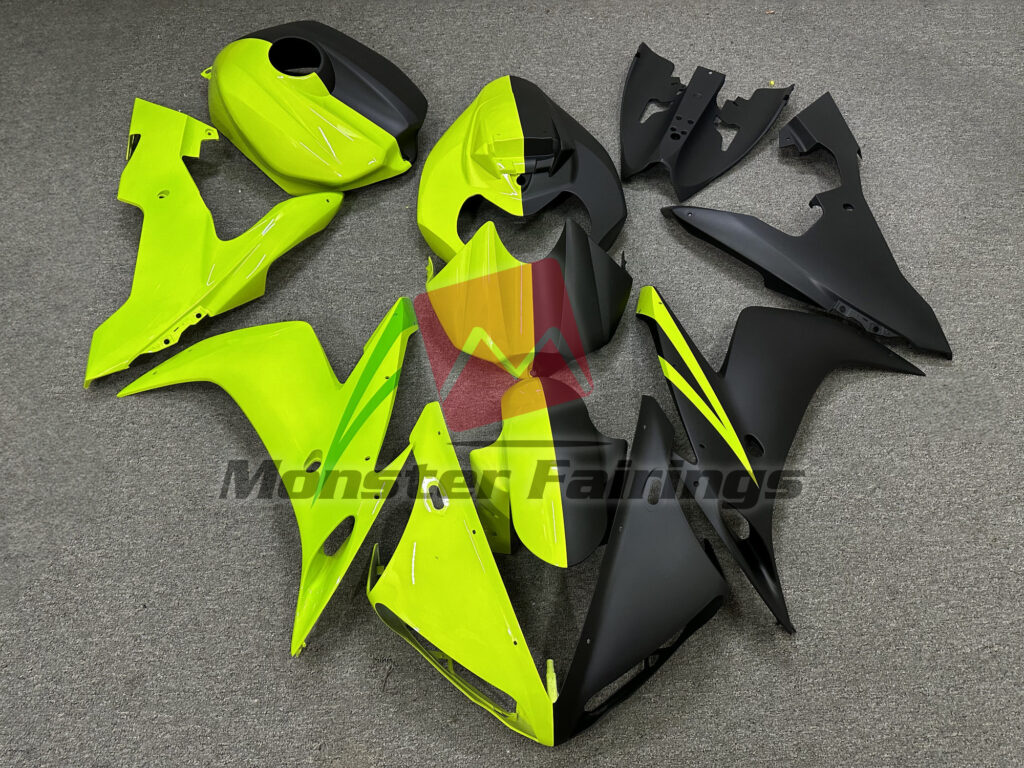 Yamaha R1 2004 - 2006 Matte Black and Fluorescent Green ABS fairings - custom motorcycle bodywork kit by Monster Fairings