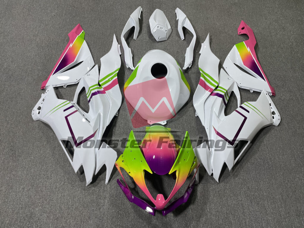 Kawasaki ZX6R 2019 - 2023 Gloss White Green & Pink ABS fairings - custom motorcycle bodywork kit by Monster Fairings