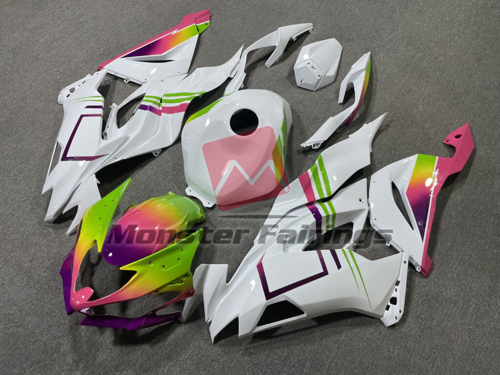 2019 - 2023 Kawasaki ZX6R Gloss White Green & Pink fairing set - ABS injection, custom painted by Monster Fairings