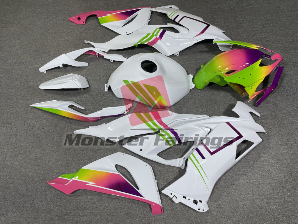 Kawasaki ZX6R custom ABS fairings 2019 - 2023 in Gloss White Green & Pink - durable replacement kit, Monster Fairings