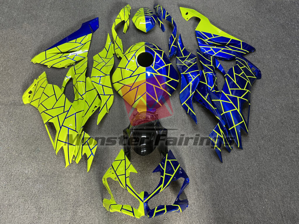 Kawasaki ZX6R 2019 - 2023 Gloss Blue & High Vis Yellow Split ABS fairings - custom motorcycle bodywork kit by Monster Fairings