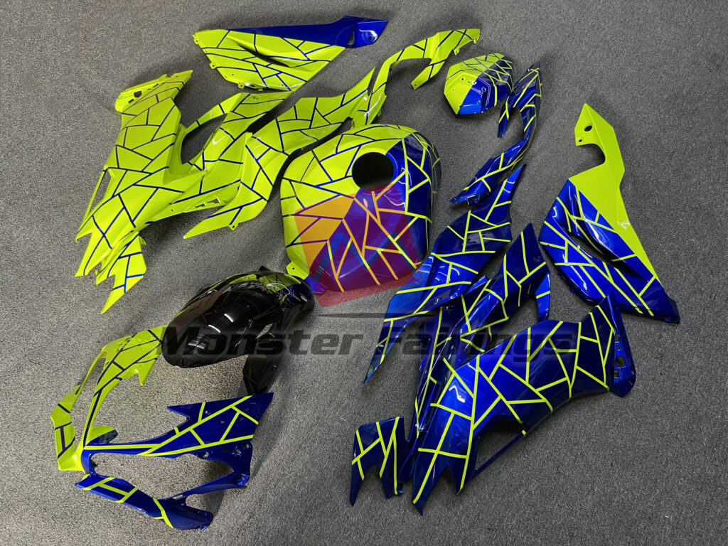 2019 - 2023 Kawasaki ZX6R Gloss Blue & High Vis Yellow Split fairing set - ABS injection, custom painted by Monster Fairings