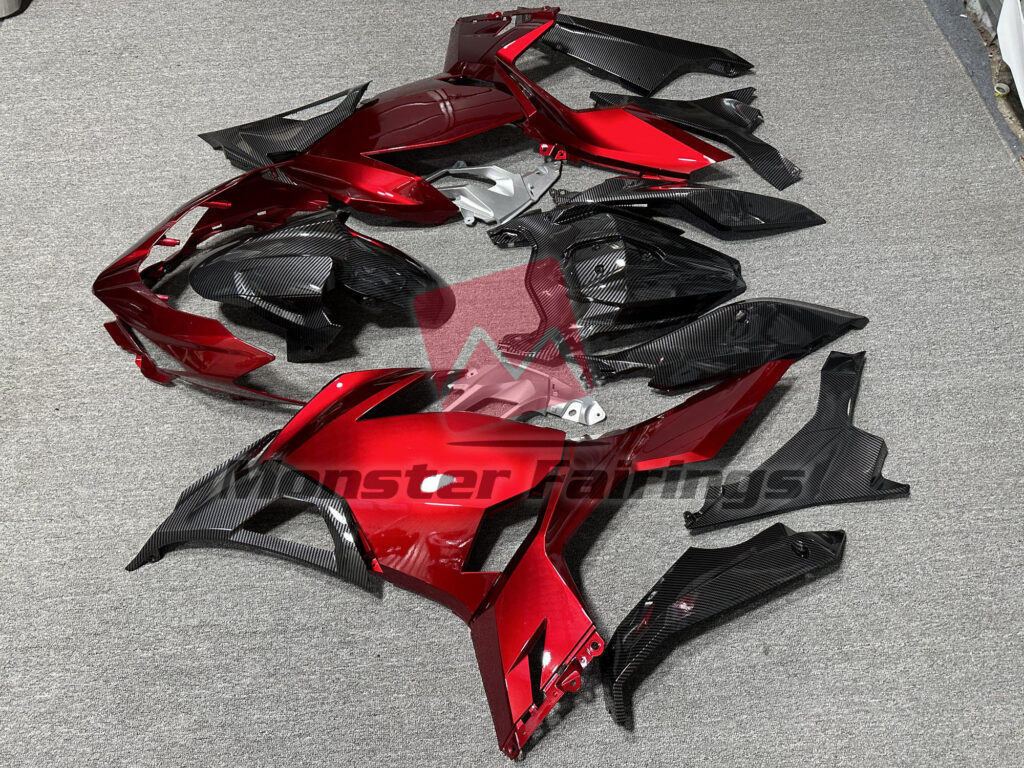 2018 - 2024 Kawasaki Ninja 400 Gloss Red and Carbon Fiber Style fairing set - ABS injection, custom painted by Monster Fairings