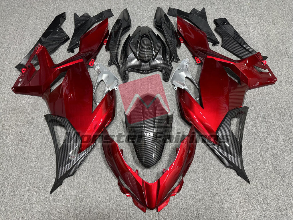 Kawasaki Ninja 400 2018 - 2024 Gloss Red and Carbon Fiber Style ABS fairings - custom motorcycle bodywork kit by Monster Fairings