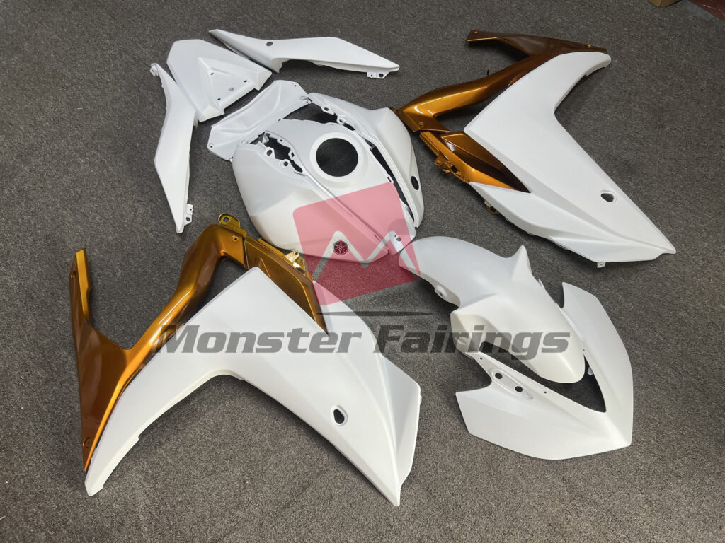 Yamaha R3 custom ABS fairings 2014 - 2018 in Gloss White and Gold - durable replacement kit, Monster Fairings